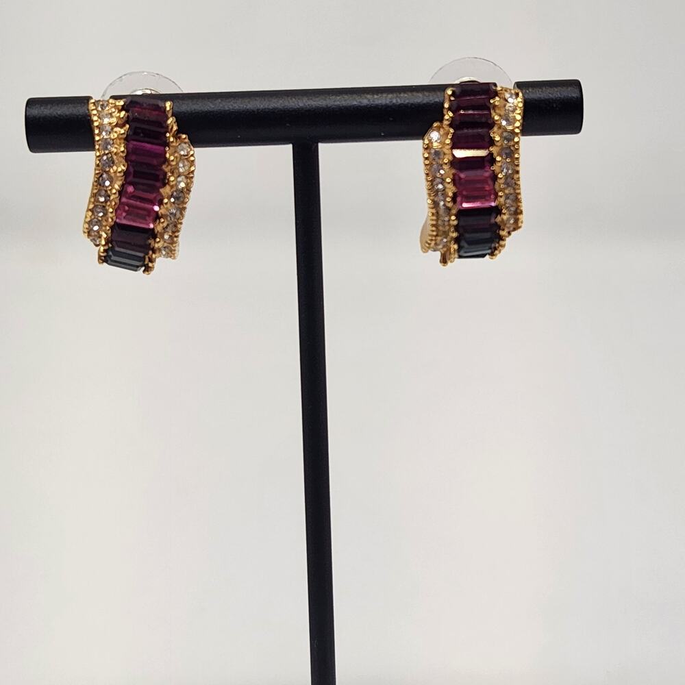 Roman Rainbow Clear Crystal Half Moon Post Earrings Gold Tone Costume Jewelry